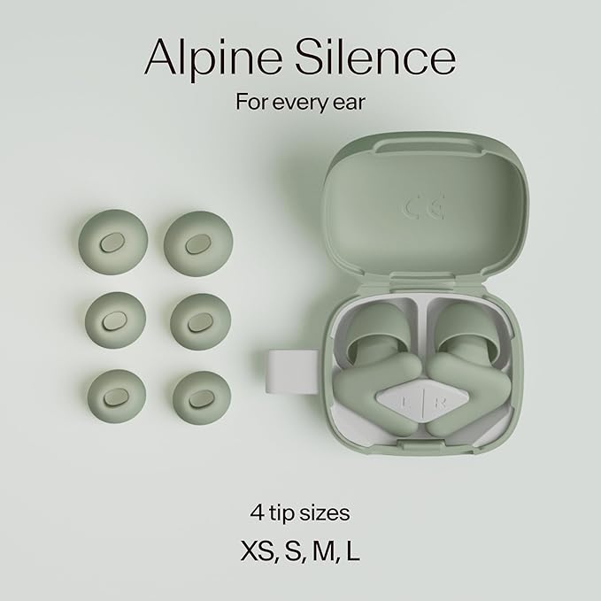 Alpine Silence Earplugs for Sleep, Focus & Travel - V-Shape Snug Fit & Soft Oval Tips – 4 Sizes XS/S/M/L - Comfortable, Reusable Hearing Protection - 22dB – Green