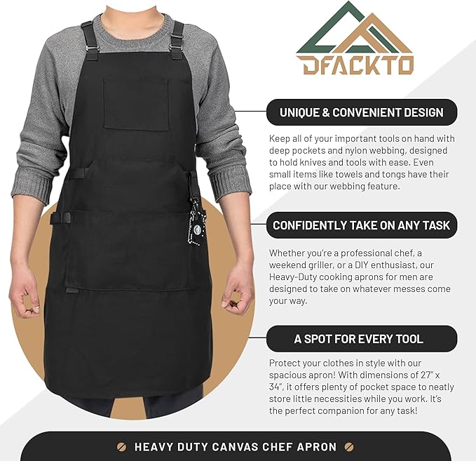 Canvas Chef Apron – Cross Back Straps Mens Apron for Butcher, Bartender, Grilling, BBQ, Kitchen, Workshop & Artist