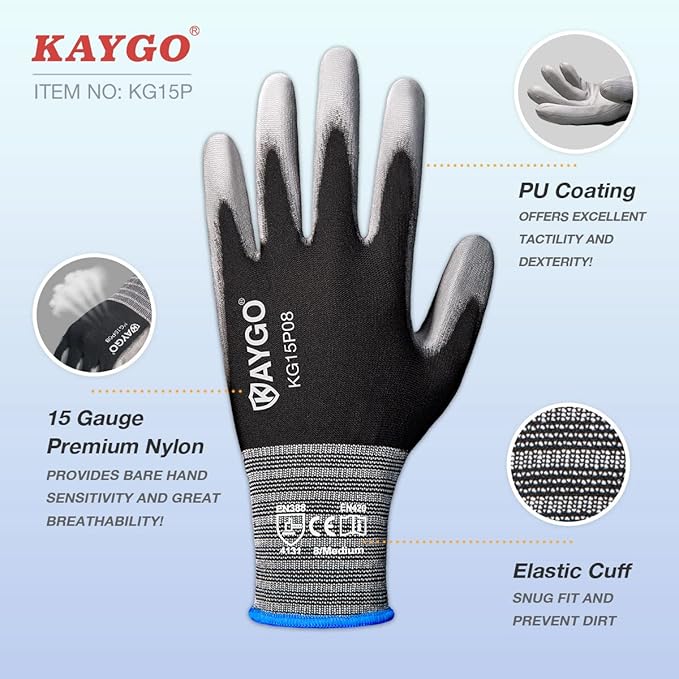KAYGO Work Gloves PU Coated-12 Pairs, KG15P,Nylon Lite Polyurethane Safety Work Gloves, Gray Polyurethane Coated, Knit Wrist Cuff,Ideal for Light Duty Work (XX-Large, Blue)