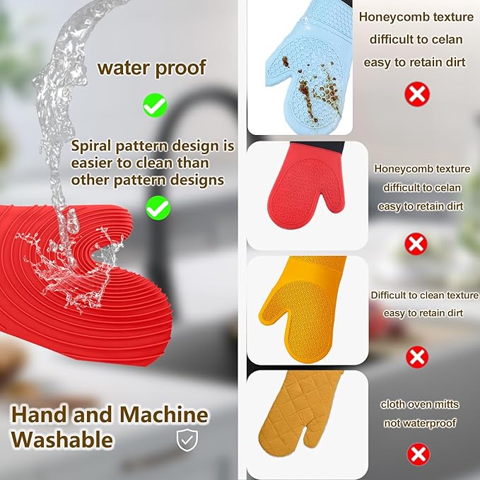 Silicone Oven Mitts-13.6 in Extended Oven Mitts Heat Resistant 500F, Oven Gloves with Soft Liner Good Grippy BPA-Free Easy to Clean Flexible-Oven Mits Set for Cooking Baking Grilling BBQ