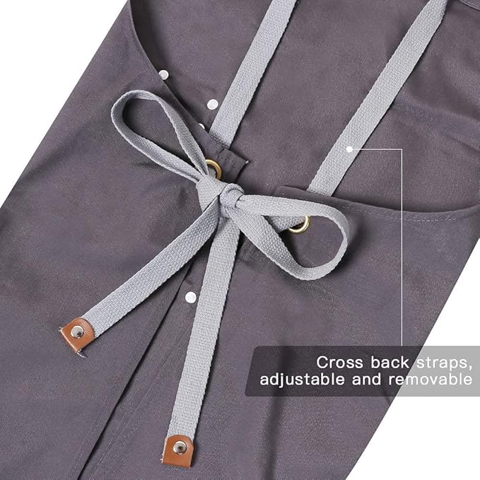 Chef Apron,Cross Back Apron for Men Women with Adjustable Straps and Large Pockets,Canvas,M-XXL (Grey)