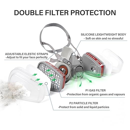 Reusable Respirator, Reusable Half Facepiece Respirator with 6 Active Cotton Respirator Filters Against Painting, Dust, Sanding, Polishing, Spraying
