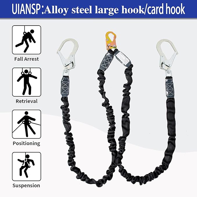 6ft Safety Harness Lanyard Double Leg Internal Shock Absorbing Safety Fall Protection Lanyard with Rope Harness Safety Lanyard Dual Rebar & Snap Hook Roofer Fall Protection Equipment（Alloy Steel）