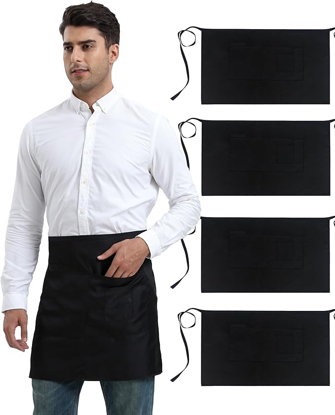 Xeoxarel Unisex Bistro Half Aprons with 4 Pockets, Waiter Waist Server Apron for Women and Man 27''X18''