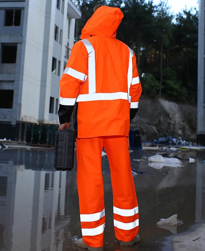 sesafety Hi Vis Rain Jacket, Rain Suits for Men Waterproof withBlack Bottom, Rain Coats for Men Interior Mesh, Class 3 HighVisibility Rain Gear,Removable Hood