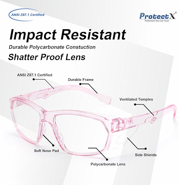 ProtectX Stylish Anti-Fog & Scratch-Resistant Safety Glasses, UV Protection Goggles, Anti-Impact Lightweight Glasses for Men＆Women Pink Clear - 2 Pack