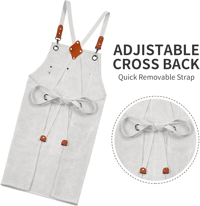 White Chef Aprons for Men Women with Large Pockets,Cotton Canvas Cross Back Apron,Kitchen Cooking Baking Bib Heavy Duty Adjustable Work Apron