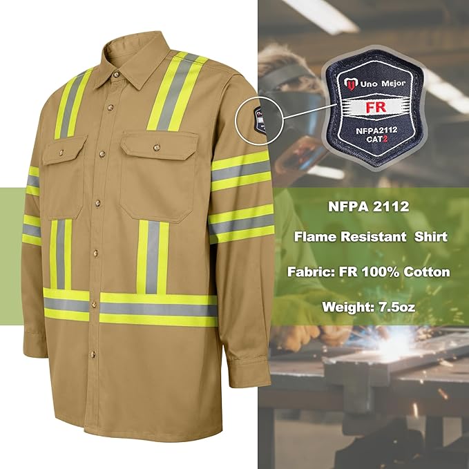 Welding Shirt 7.5oz FR for Men, 100% C Hi Vis Flame Resistant Jacket, Fire Retardant Clothing, Durable Accessories, Meets NFPA2112, Khaki-ZRWD L