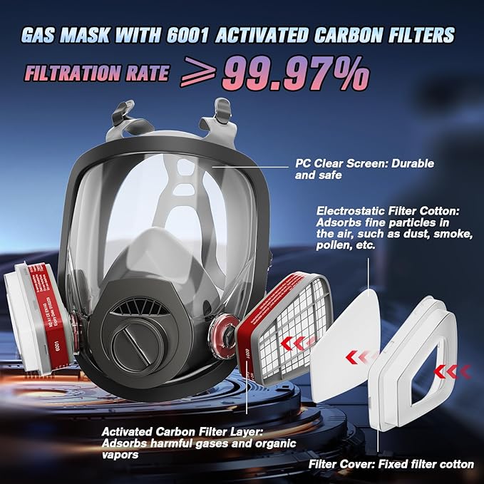 2025 Upgraded Gas Mask, Gas Masks Survival Nuclear and Chemical, Full Face Gas Mask with 40mm Activated Carbon Filter and 6001 Filter, 6800 Respirator Mask for Gases, Vapors, Dust, Chemicals