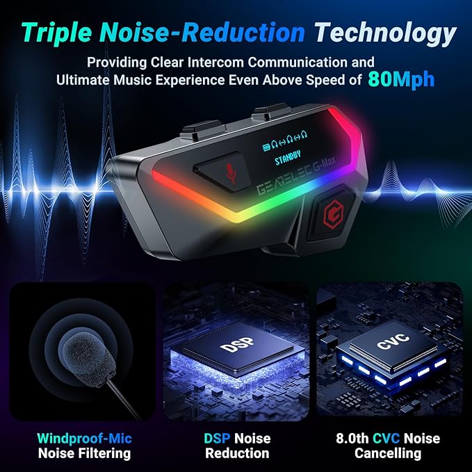 gearelec Motorcycle Helmet Bluetooth Headset V5.2BT【HiFi Stereo Sound】【Screen and RGB Lights】 80Mph Clear Calls Helmet Communication Systems 2000M 6 Riders Intercomunicador para Casco De Moto 2 Pack
