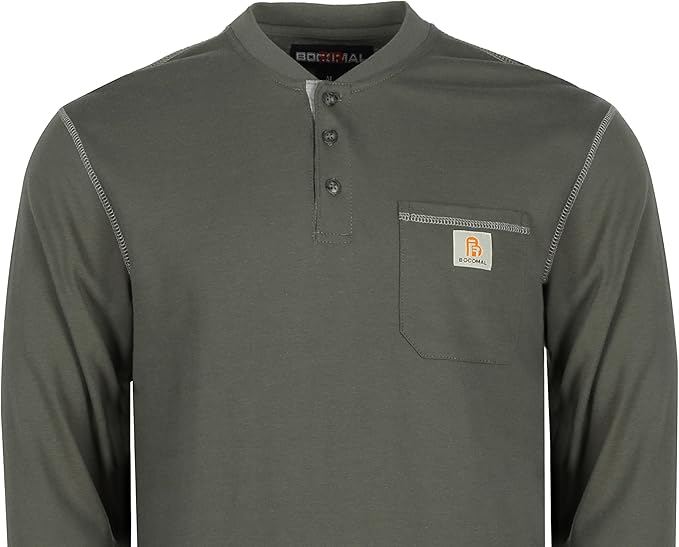 BOCOMAL FR Shirts for Men 5.5oz Lightweight Long Sleeve Work Henley Fire Resistant Shirt CAT2