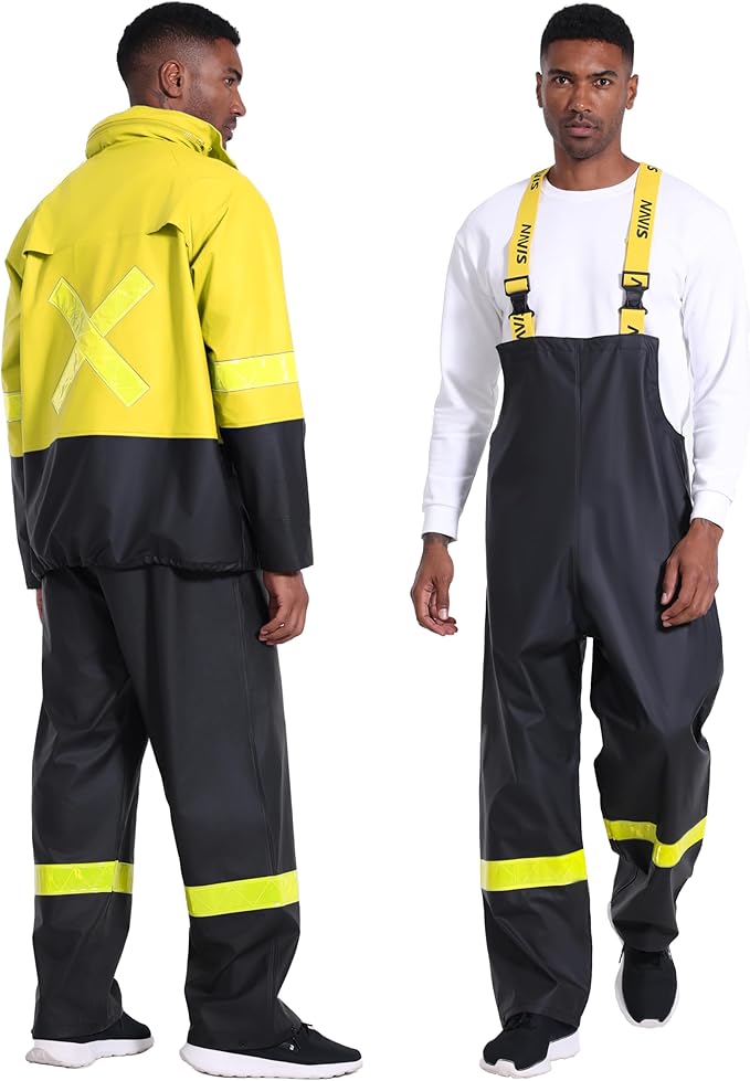 Men's Workwear PRO Rain Suit - Waterproof Jacket and Bib Pants 3-piece Set for Ultimate Safety and Comfort
