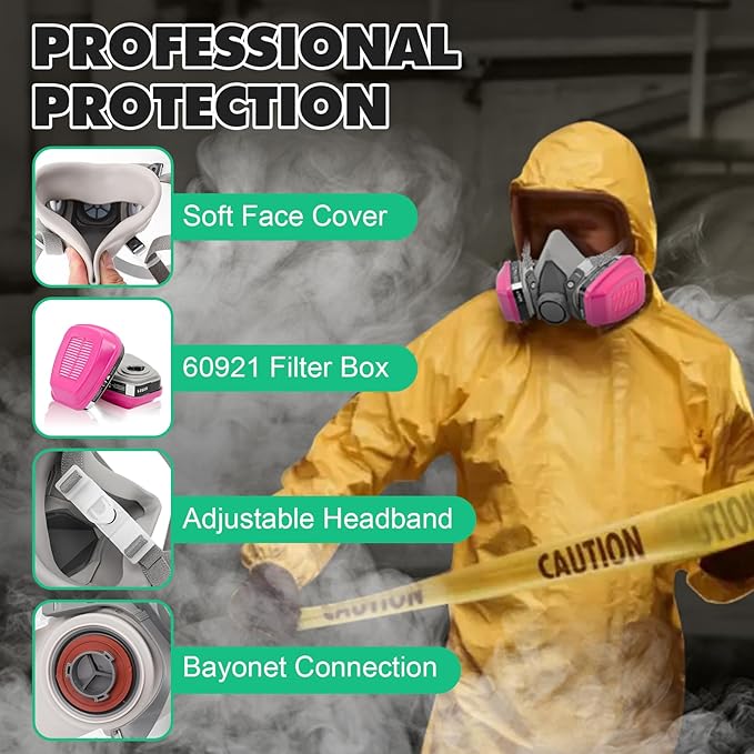 Respirator Mask with Filters 60921: Half Face Respirator Reusable Gas Mask for Chemical Epoxy Resin Dust Organic Vapor Construction Painting Woodworking Sanding Welding