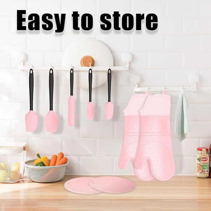 Oven Mitts with Heat-Resistant Hot Pads and Five Silicone Spatulas Designed for Kitchen Baking Cooking, Oven Glove Soft Cotton Lining, Waterproof, BPA-Free (Pink, 15.7)