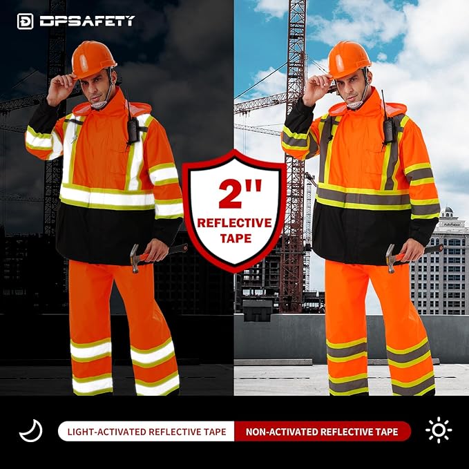 Hi Vis Safety rain Jacket，Reflective Class 3 Rain coat with Inner Mesh Lining and Pockets High Visibility Waterproof work Rain Suits for men&women（Orange,SM/MD）