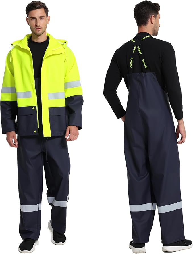Men's Workwear PRO Rain Suit - Waterproof Jacket and Bib Pants 3-piece Set for Ultimate Safety and Comfort