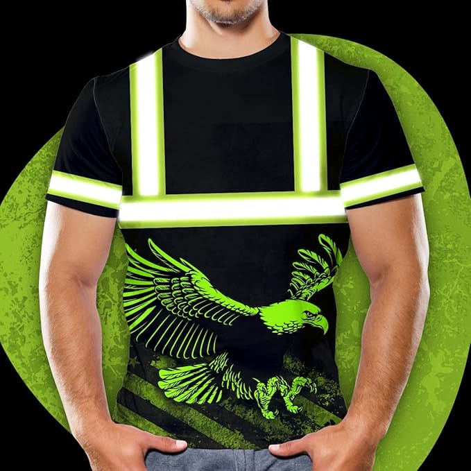 Matedecor Skull High Visibility Shirt Men Reflective Safety Shirts US Flag Custom Name Workwear, Runners, Walkers, Patriotic