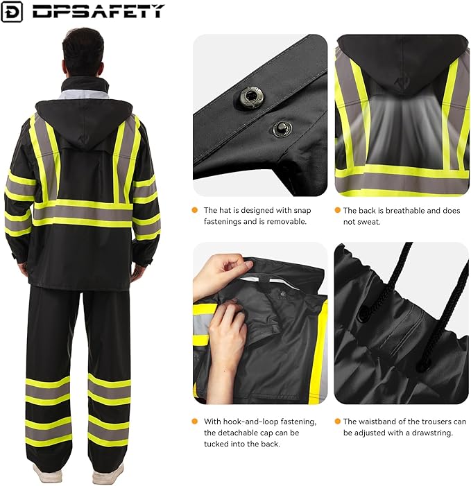 Hi Vis Safety rain Jacket，Reflective Class 3 Rain coat with Inner Mesh Lining and Pockets High Visibility Waterproof work Rain Suits for men&women（Black,4XL/5XL）