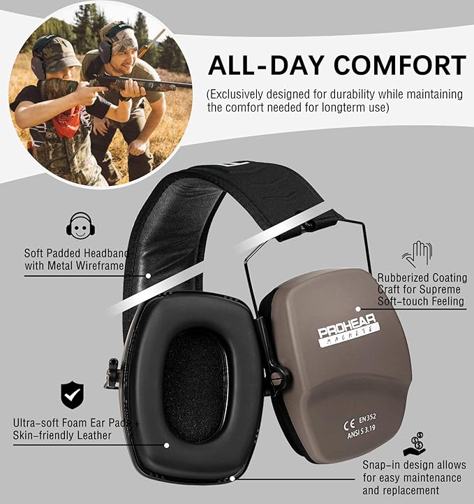 PROHEAR 016 Shooting Ear Protection Earmuffs 2 Pack, NRR 26dB for Gun Range, Hunting -Black and Brown