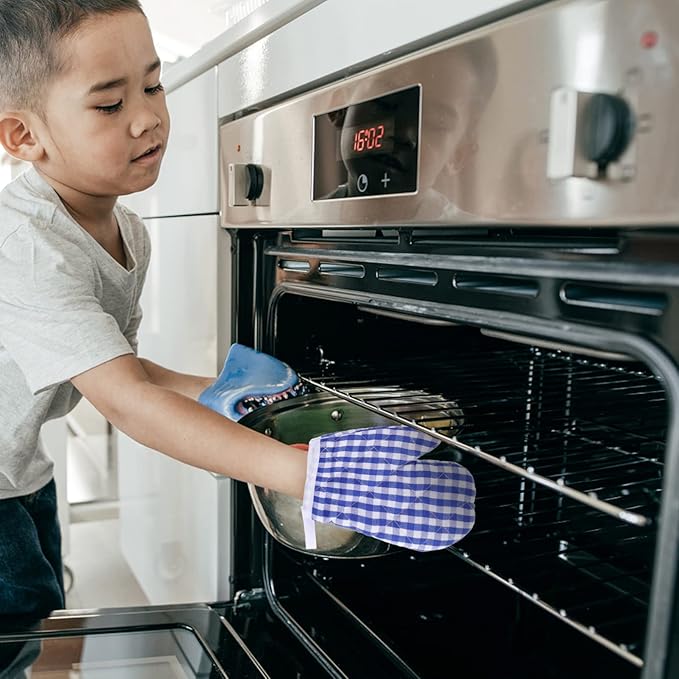 2Pcs Oven Mitts for Play Kitchen, Anti- Scald Gloves Microwave Oven Gloves Kitchen Mitts for Safe Baking Cooking ( Dark Blue Checkered )