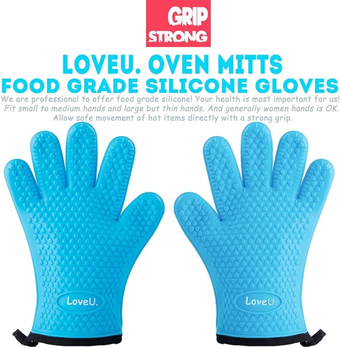Kitchen Oven Gloves - Dual-Layer Heat Resistant Grilling Gloves, Silicone Oven Mitts with 5 Fingers, Waterproof Non-Slip Pot Holder for Barbecue, Cooking, Baking (Small, Blue)