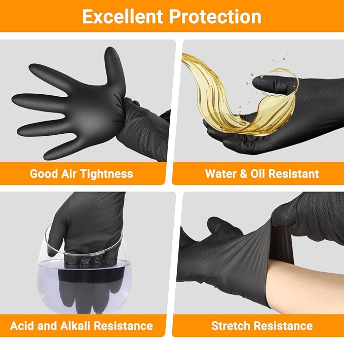 8 Mil Nitrile Gloves for Work, 100 PCS Chemical Resistant Black Disposable Mechanic Gloves for Men & Women Working, Cooking, Cleaning, Gardening, Medium, Heavy Duty, Latex Free