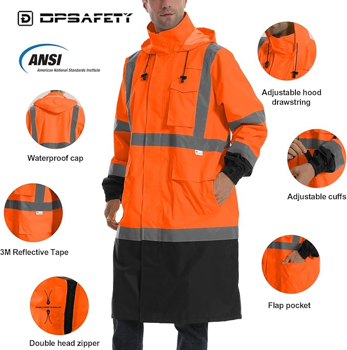 Hi Vis Rain Jacket with 3M Reflective Stripe,High Visibility Class 3 Rain coats,Safety Waterproof Rain Suits for Men with Hood and 2 Large Pockets construction work rain gear(Orange 2XL)