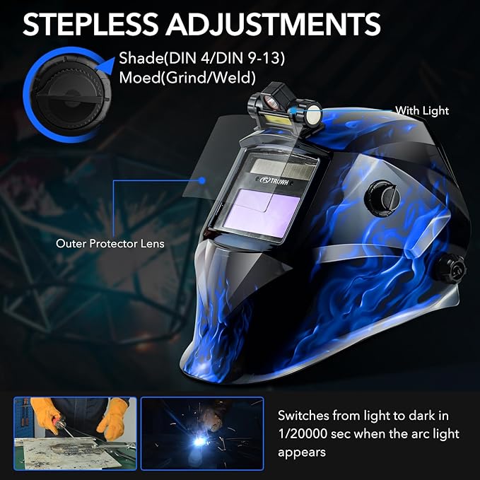 Welding Hood Auto Darkening Welding Helmet with Light True Color 1/1/1/2 Top Optical Clarity Wide Shade 9-13 Welding Mask with Grinding Weld Helmet (KTS-JD15)