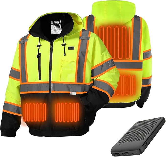 SKSAFETY Heated Safety Bomber Jacket, Class 3 Hi-Vis Waterproof Coat, 3M Reflective Tape, Work Construction Coats