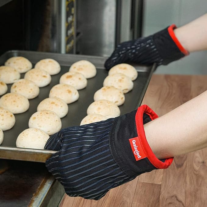 Oven Mitts Set, Oven Mitt Heat Resistant, Cotton Oven Mitts 500 Degrees, Oven Gloves for Kitchen Cooking Grill, Kitchen Mitts for Oven, Black Oven Mits Heavy Duty Thick