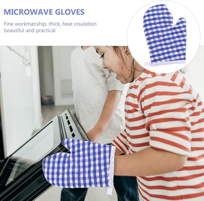 2Pcs Oven Mitts for Play Kitchen, Anti- Scald Gloves Microwave Oven Gloves Kitchen Mitts for Safe Baking Cooking ( Dark Blue Checkered )