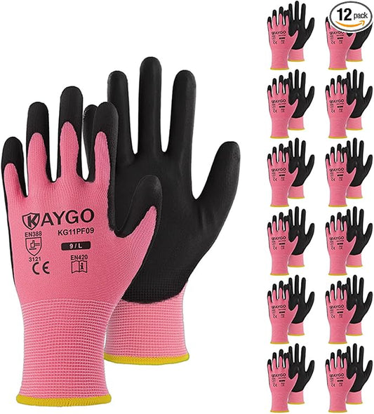 KAYGO Safety Work Gloves PU Coated-12 Pairs, KG11P Seamless Knit Glove with Polyurethane Coated Smooth Grip on Palm & Fingers, for Men and Women, Ideal for General Duty Work,Pink,Large
