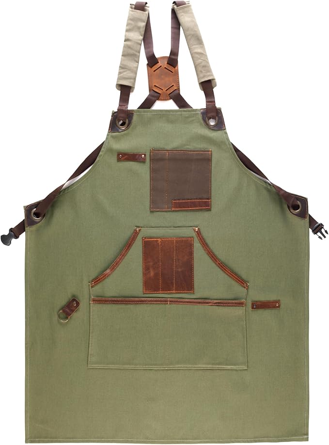 Cross Back Canvas Aprons With Pockets |Adjustable Leather Strap|Work Apron|Chef Apron|Woodworking, Grilling