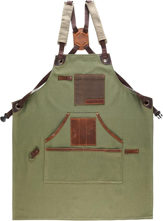 Cross Back Canvas Aprons With Pockets |Adjustable Leather Strap|Work Apron|Chef Apron|Woodworking, Grilling