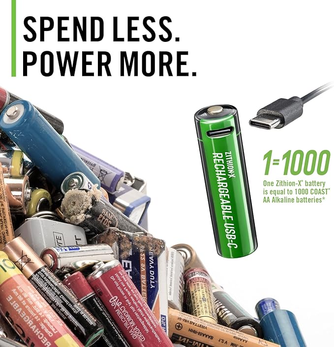 Coast AA USB-C Rechargeable Batteries, ZITHION-X, Lithium Ion 1.5v 2400 mAh, Long Lasting, Charges Under 2.5 Hours, Charging Cable Included, 8-Battery Pack