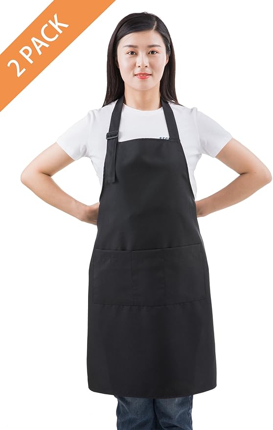 (2 set Black Professional Resist Water Adjustable Extra Long Bib Apron 3 Pockets Home Kitchen Garden Restaurant Cafe Bar Pub Bakery for Cooking Chef Baker Servers Craft Unisex