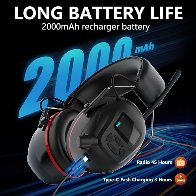 Hearing Protection AM FM Radio Headphones with 2000mAh Rechargeable Battery, 30dB SNR Noise Reduction Safety Earmuffs Protector, Up to 45H Radio Listening Time for Mowing Lawn Work