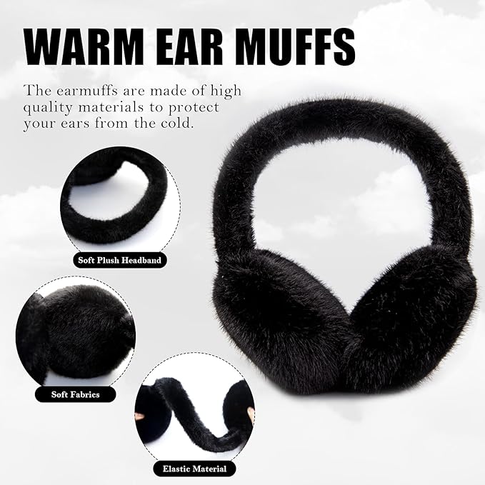 Winter Ear Muffs for Women Girls Faux Fur Cute White Earmuffs Fluffy Ear Warmers Foldable Ear Covers Outdoor