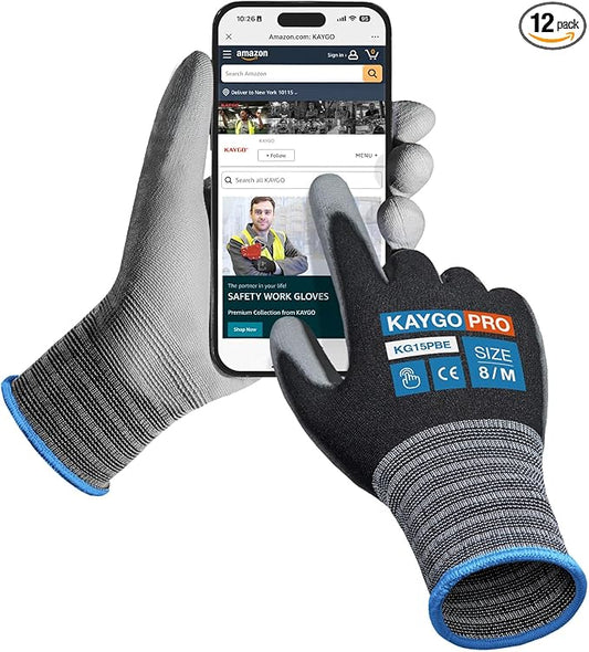 KAYGO Work Gloves PU Coated-12 Pairs KG15P, Nylon Lite Polyurethane Safety Work Gloves with full fingers Touchscreen, Knit Wrist Cuff,Ideal for Light Duty Work (medium, Black)