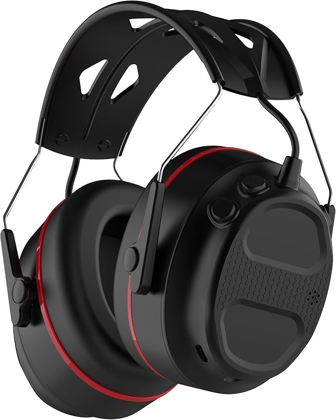 Bluetooth 5.4 Hearing Protection Headphones with 1200mAh Rechargeable Battery, 120H Working Time, 30dB SNR, Ear Muffs with Larger Buttons for Easy Operation, Superior Stereo Sound Quality Black-Red