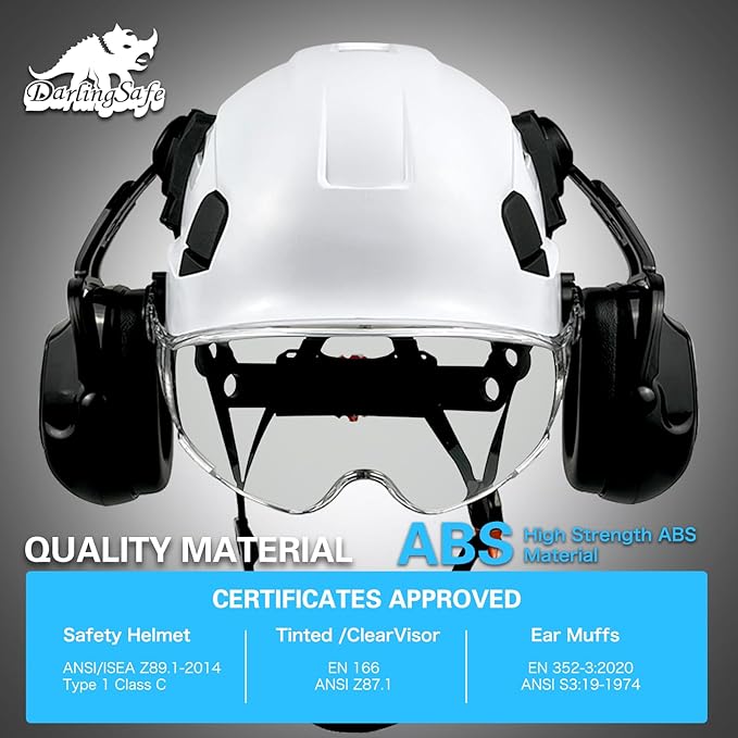 Hard Hat with Visor Ear Muffs Vented Safety Helmet with Visor Earmuffs ANSI Z89.1 Outdoor Work Hardhats Construction