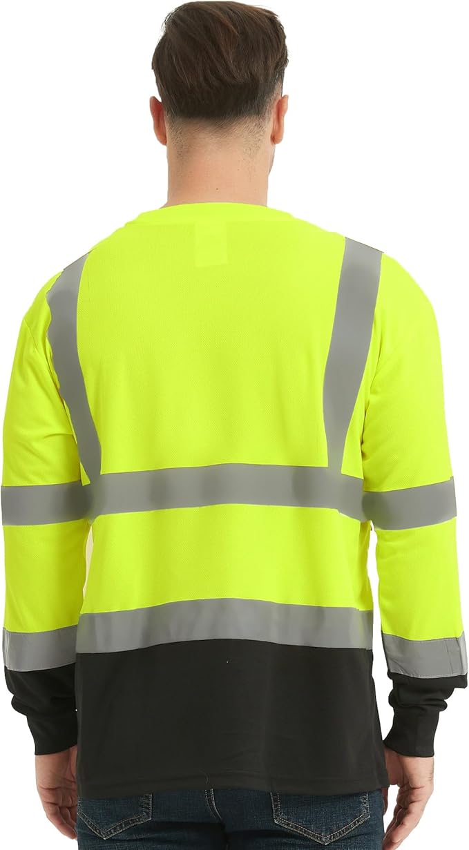 ProtectX Men's High Visibility Heavy Duty Long Sleeve Reflective Safety T-Shirts for Construction, Class 2-3 Type R