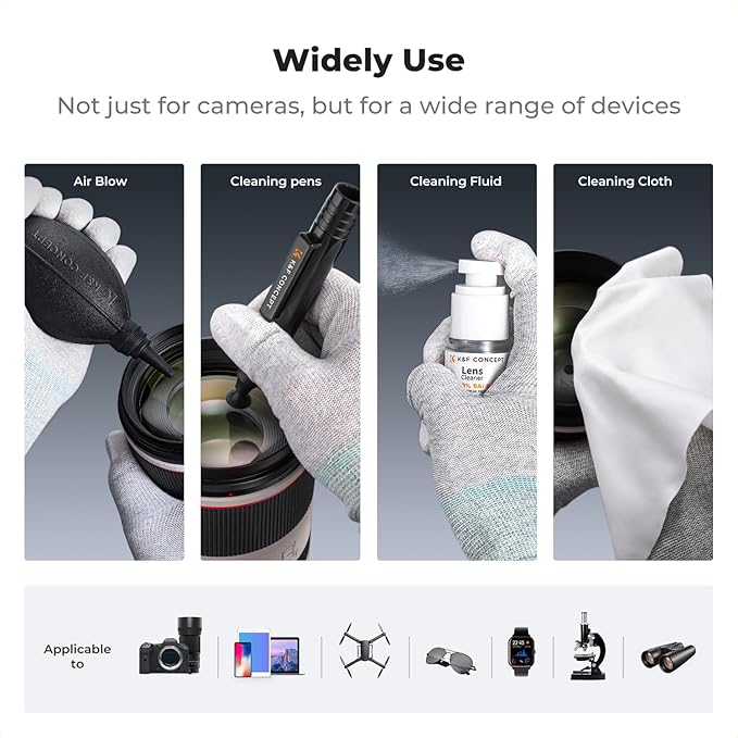 K&F Concept Professional Lens Cleaning Kit for DSLR & Mirrorless Cameras with APS-C/Full-Frame Sensor Cleaning Swabs/Lens Cleaner/Gloves/Camera Blower/Lens Pen Brush/Microfiber Cloths/Carrying Case