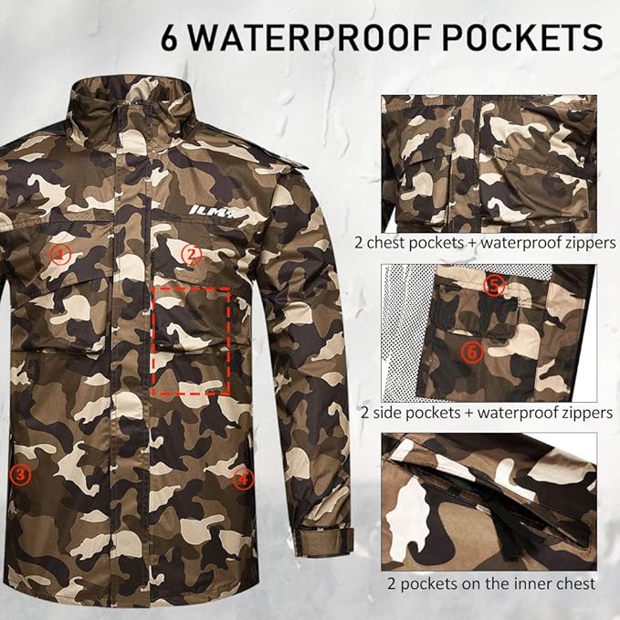 ILM Motorcycle Rain Suit Waterproof Wear Resistant 6 Pockets 2 Piece Set with Jacket and Pants Fits Men and womens (Men's 3X-Large, Camouflage)