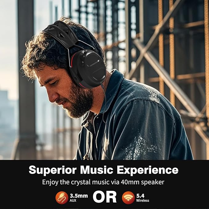 Bluetooth 5.4 Hearing Protection Gel Headphones with 1200mAh Rechargeable Battery, 120H Working Time, 30dB SNR, Ear Muffs with Larger Buttons for Easy Operation, Superior Stereo Sound Quality
