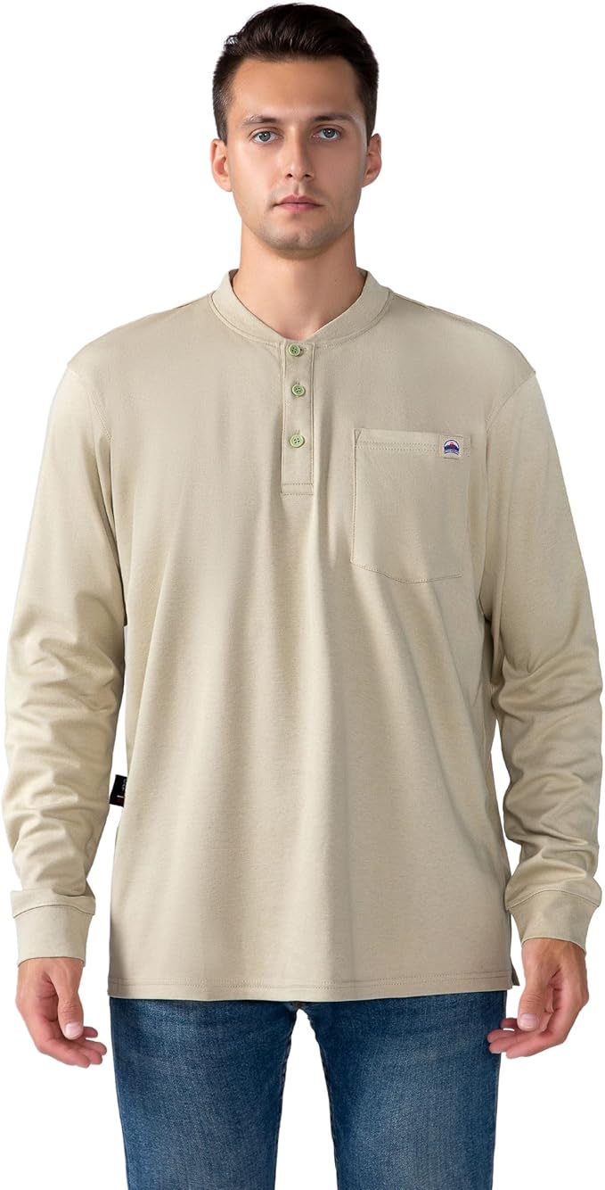FR Henley Shirts for Men Flame Resistant Lightweight Welding 6.5oz 100% Cotton CAT2 Long Sleeve Fire Retardant FRC Clothing