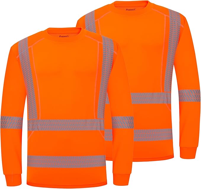 ProtectX Men's High Visibility Heavy Duty Long Sleeve Reflective Safety T-Shirts for Construction, Class 2-3 Type R