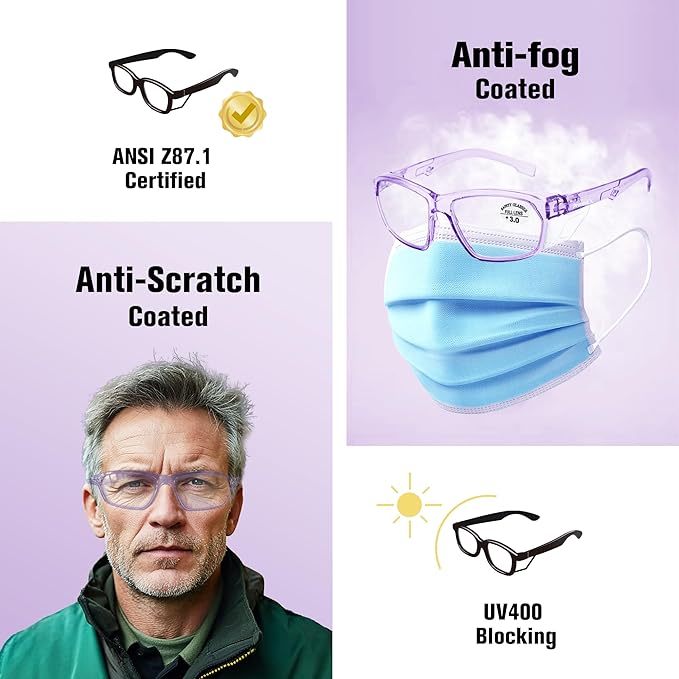 ProtectX Stylish Anti-Fog & Scratch-Resistant Safety Glasses With Readers, UV Protection Goggles, Anti-Impact Lightweight Glasses for Men＆Women Lilac Reading 3.0-6 Pack