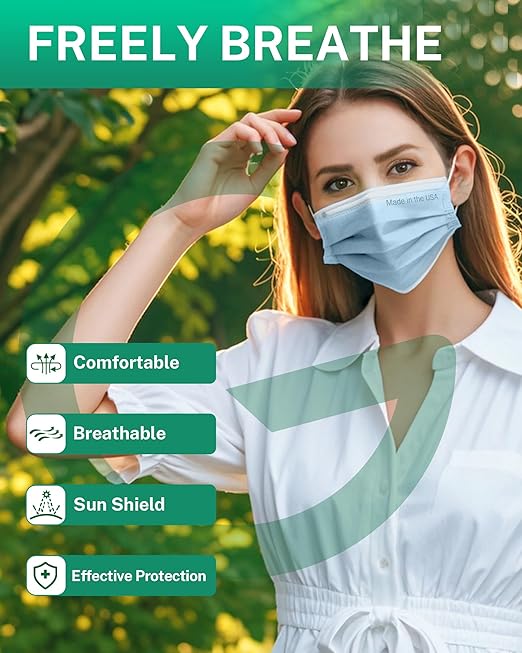 Disposable Face Masks Made in USA, 4 Ply for Families, Students, Breathable All-Day Wear & Safety, FSA HSA Eligible, ASTM Level 3 Medical Grade (50 Pack, Light Blue)