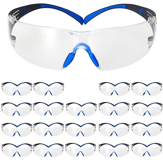 3M Safety Glasses for Men and Women, SecureFit 400, 20 Pack, ANSI Z87, Scotchgard Anti-Fog Anti-Scratch, Clear Lens, Blue/Gray Frame, Flexible Temples, UV Protection, Polycarbonate Lens